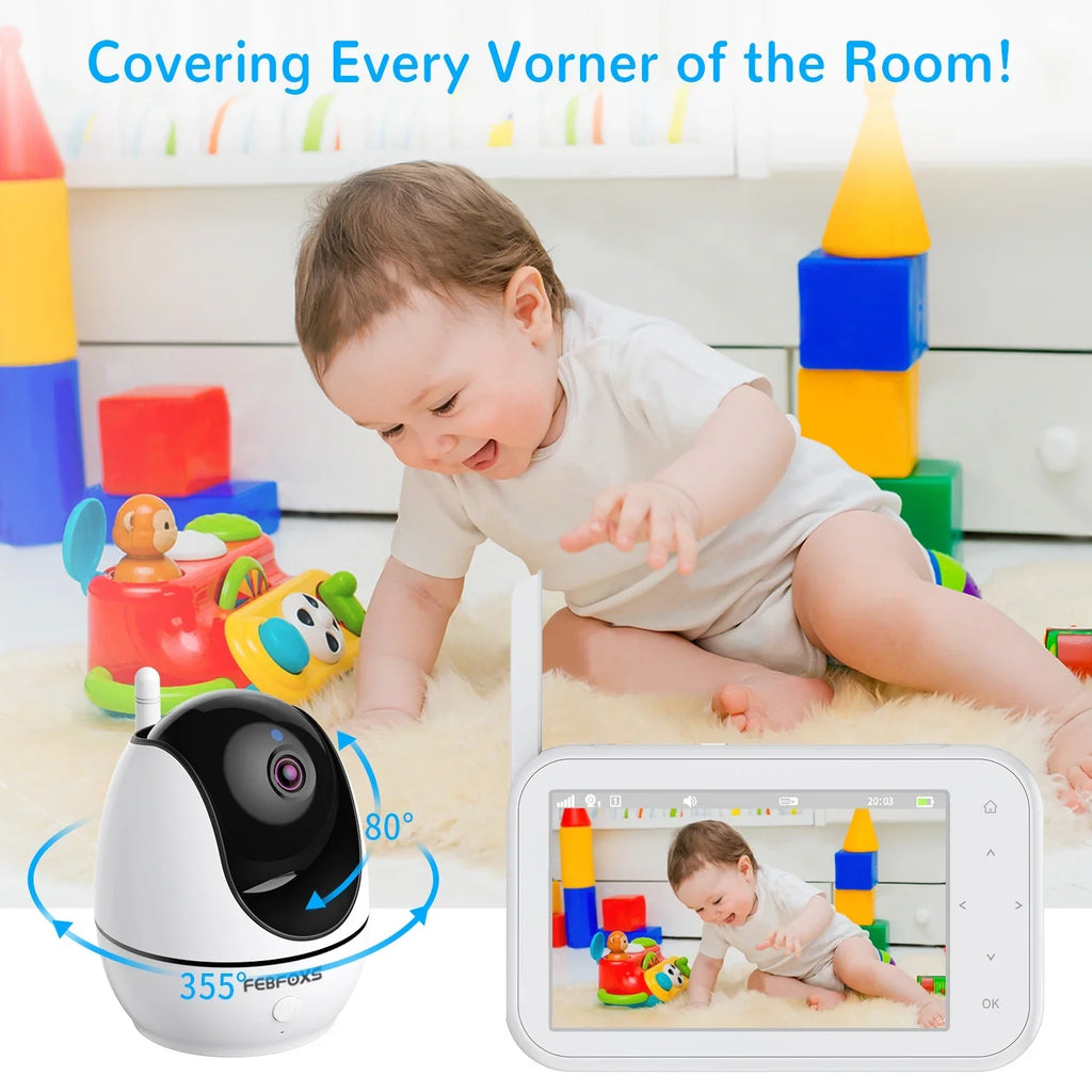 Febfoxs Baby Monitor 1080P with Camera & Audio, 4.3" LCD Screen Pan&Tilt&Zoom, Two-Way Talk, Auto Night Vision,Tem-Sensor, No Wifi