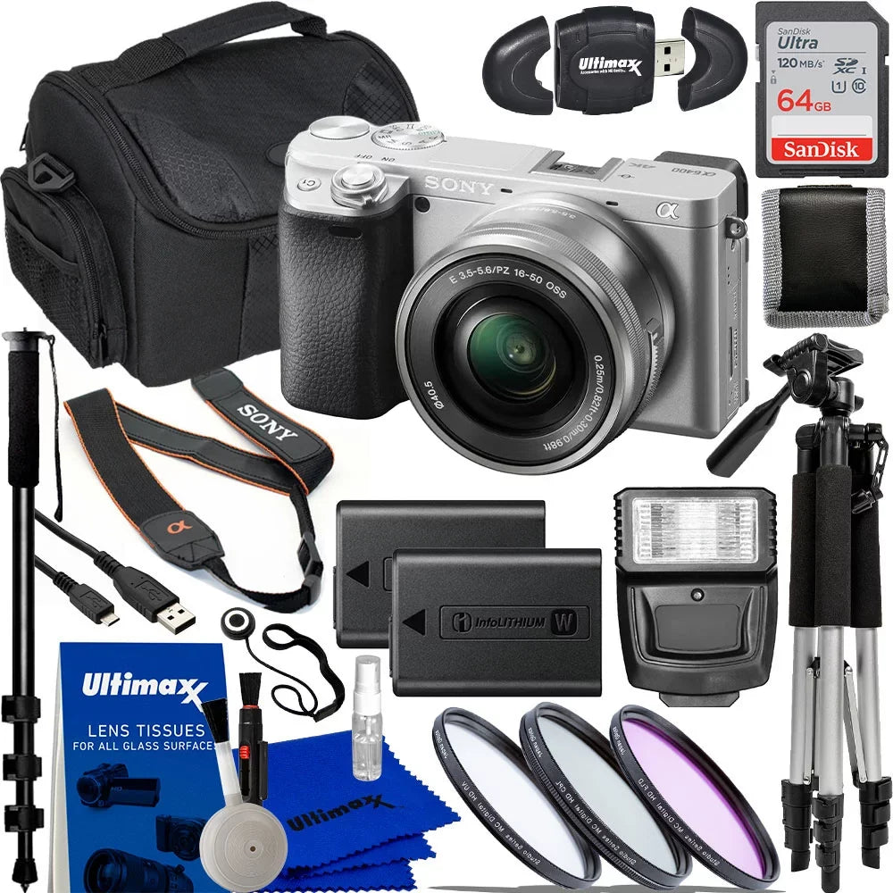 Alpha a6400 Mirrorless Digital Camera (Silver) with 16-50mm Lens & 17pc Must Have Accessory Bundle. Includes: 64GB Memory Card, 1x Seller Replacement Battery, Digital Slave Flash, & More.