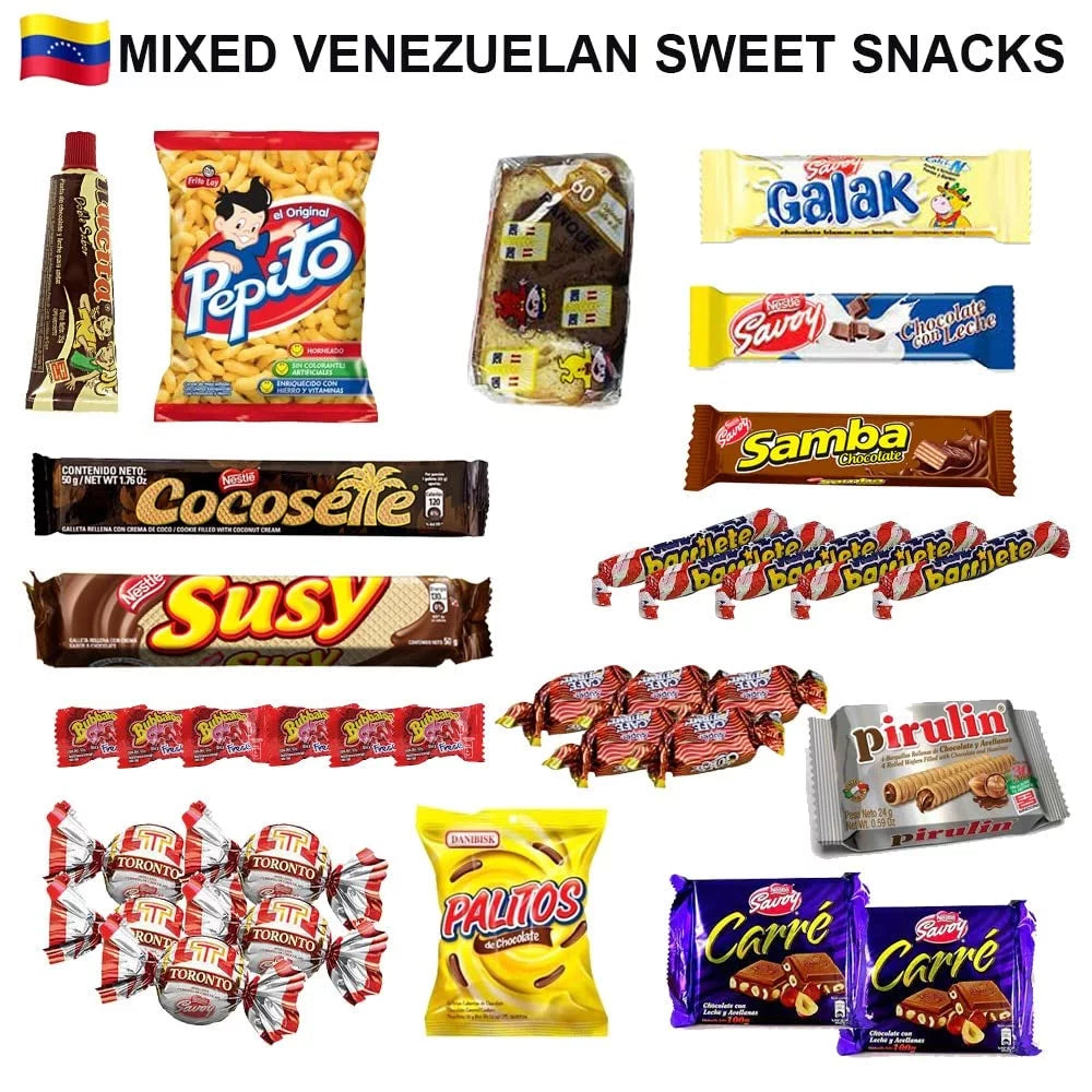 LATIN SABOR Venezuela Food Sweet Snacks Gift Crate Box Assorted Cookies, Chips & Candies Mix Variety Pack Cocosette Susy Toronto Chocolate