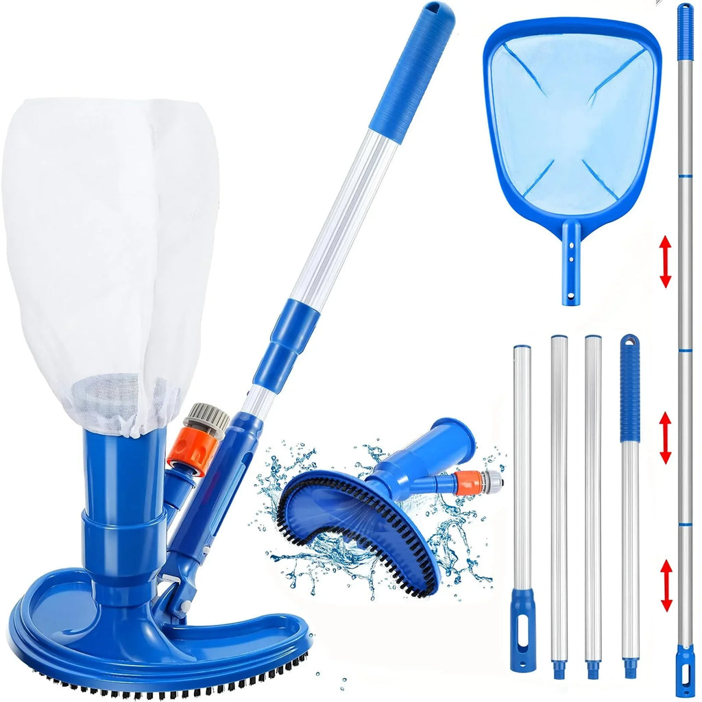 Upgraded Handheld Portable Pool Vacuum Cleaner with Pool Skimmer Net, 4 Section Poles of 60", Handheld Pool Vacuum Jet Cleaner Attaches to Garden Hose for Above Ground Pool Spa Pond Fountains