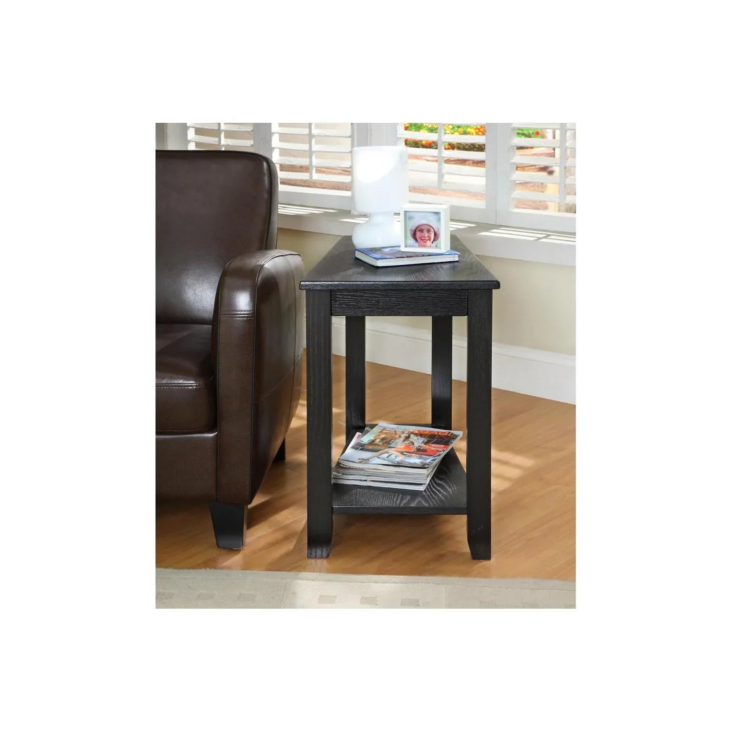 Benzara Wood Wedged Chair Side Table With a Bottom Shelf, Dark