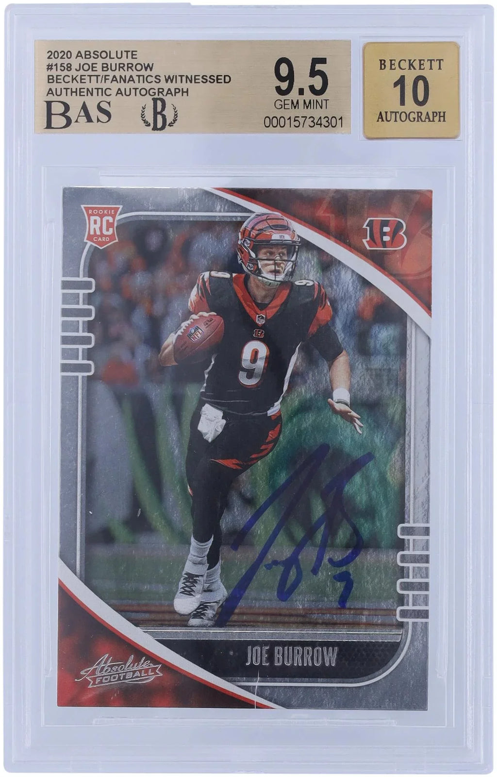 Joe Burrow Cincinnati Bengals Autographed 2020 Panini Absolute #158 Beckett Fanatics Witnessed Authenticated 9.5/10 Rookie Card - Fanatics Authentic Certified