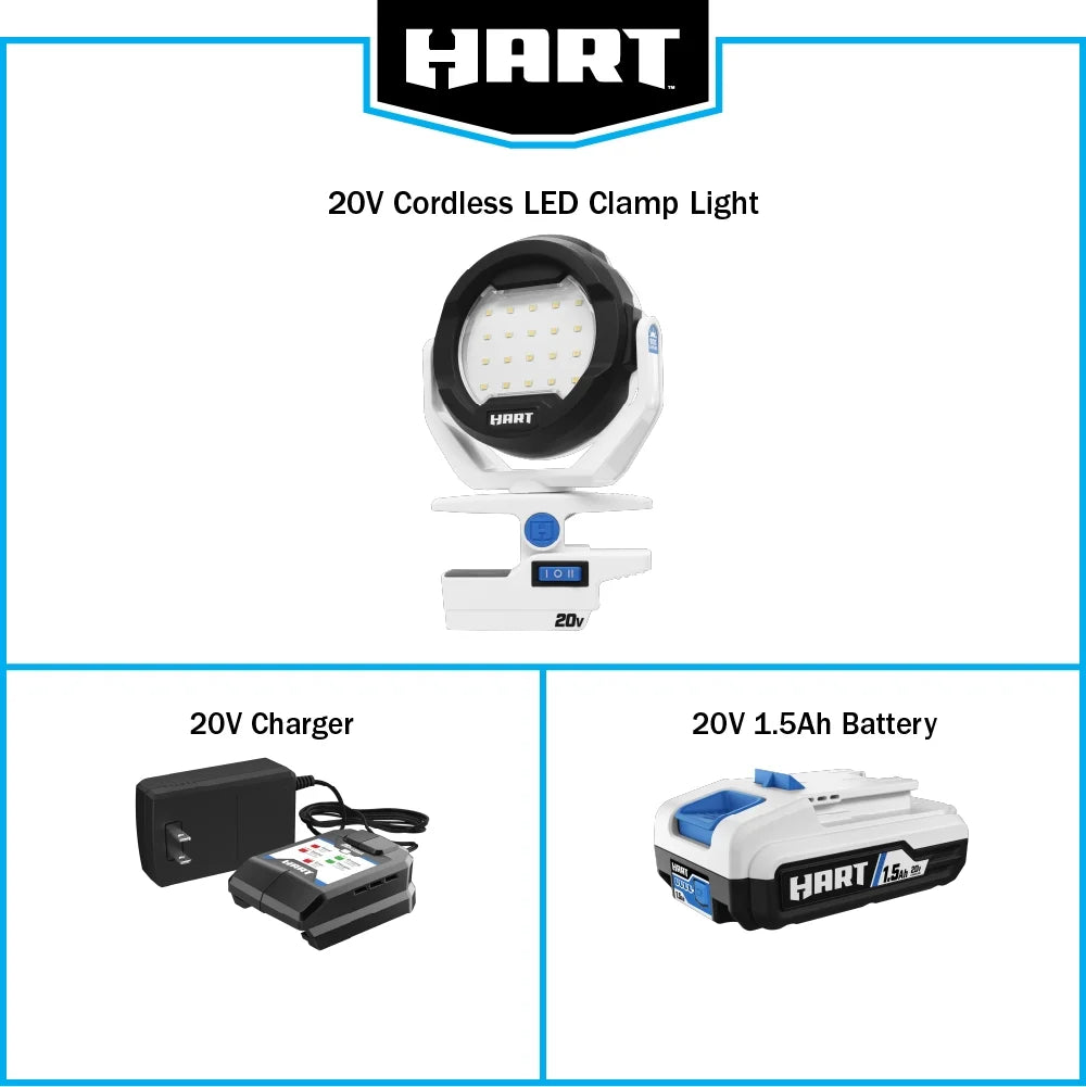 HART 20-Volt LED Clamping Light Kit, 900 Lumens, (1) 1.5Ah Lithium-Ion Battery