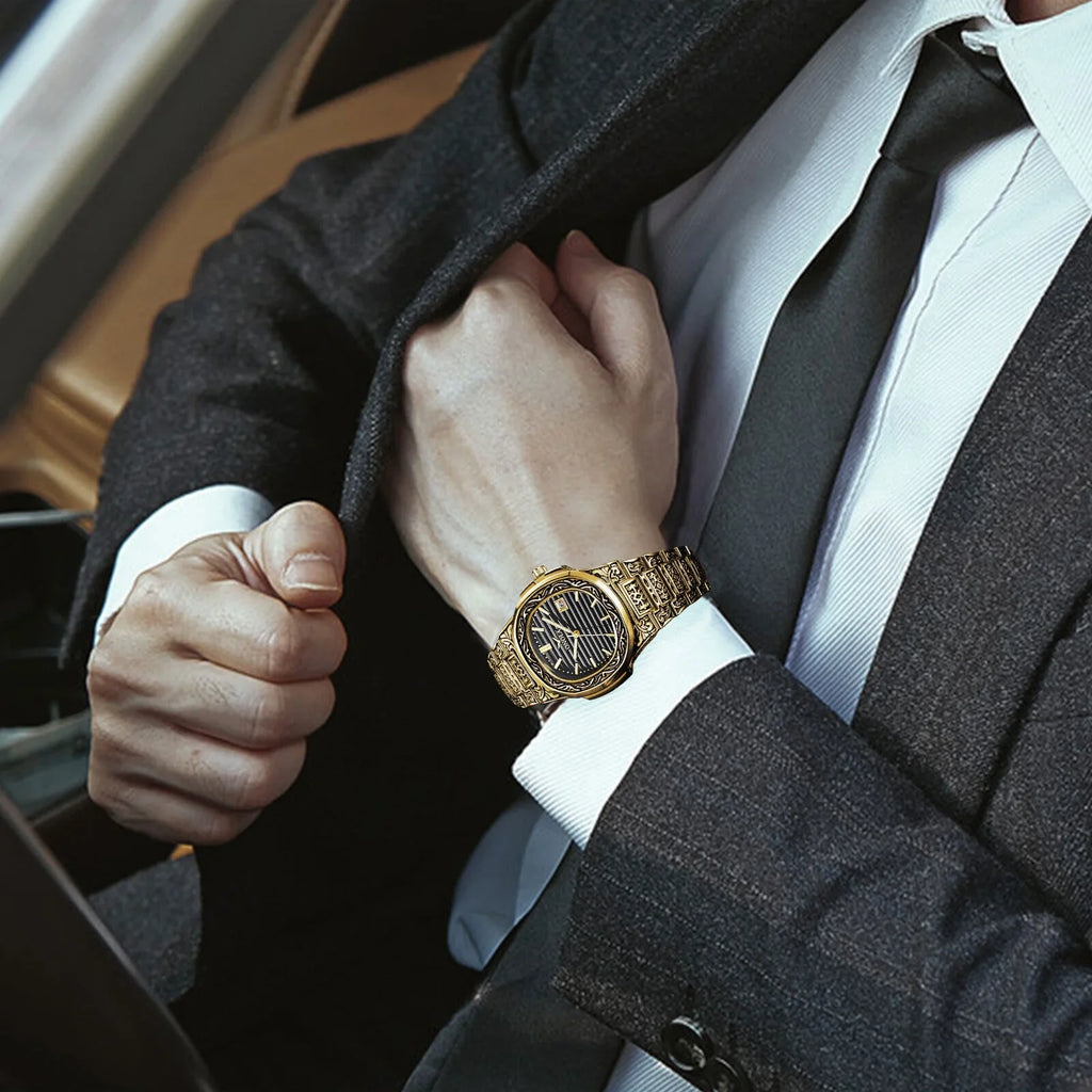 Men's Watch Relojes De Hombre Retro Gold Quartz Stainless Steel Waterproof Wrist