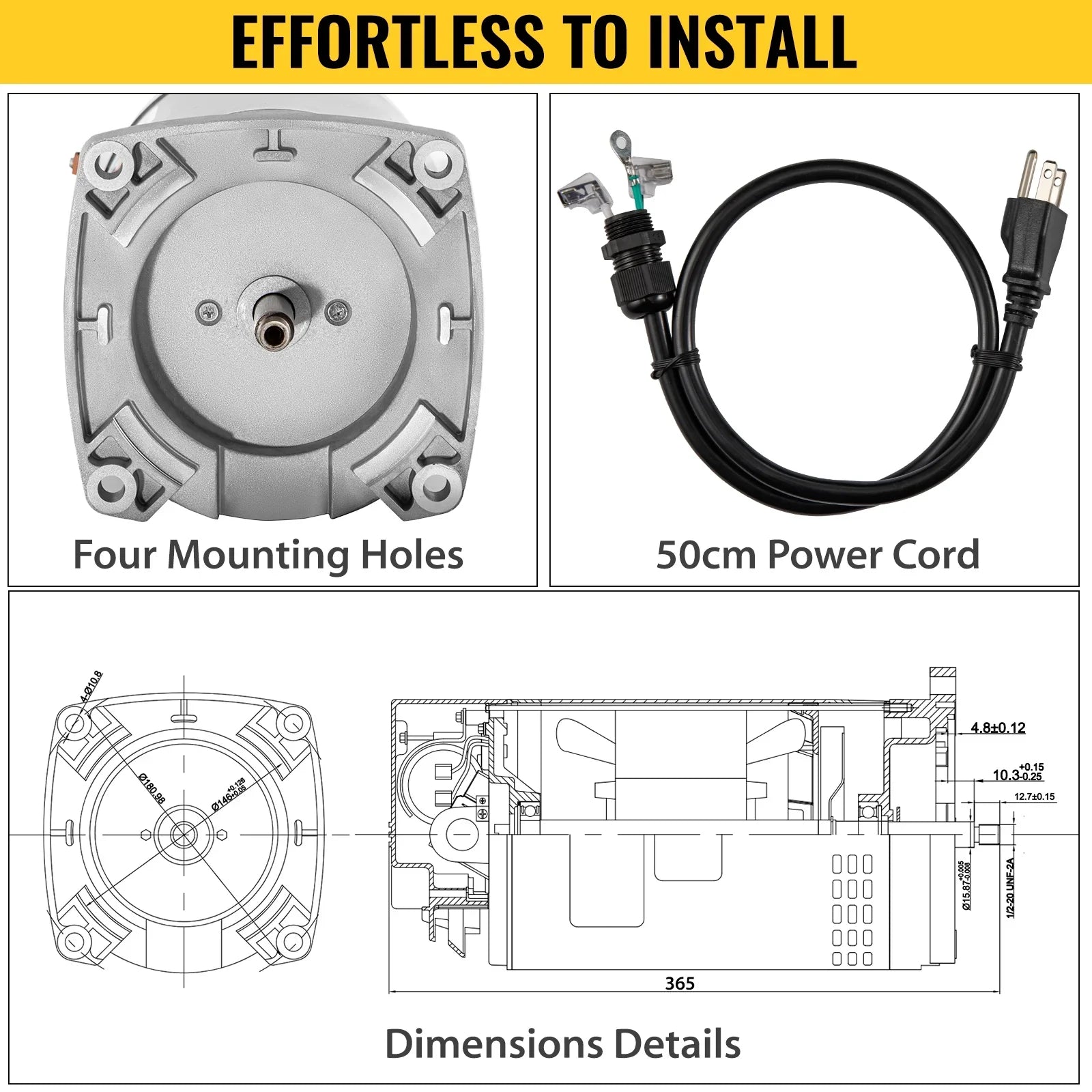 VEVOR 1.5 , 3463 rpm, 1 speed, 230/115 volts, 7.88/15.5 amps, 1.1 Service Factor, 56Y Frame, PSC, ODP Enclosure, Square Flange Pool Motor, Swimming Pool Pump Motor, Replacement Pool Motor Kit