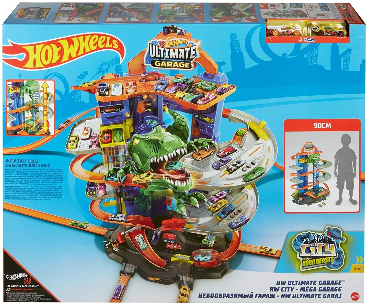 Hot Wheels City Ultimate Garage Track Set with 2 Toy Cars, Garage Playset Features Multi-Level Racetrack, Moving T-Rex Dino & Storage for 100+ 1:64 Scale Vehicles, Toy Gift for Kids 3 Years & Older