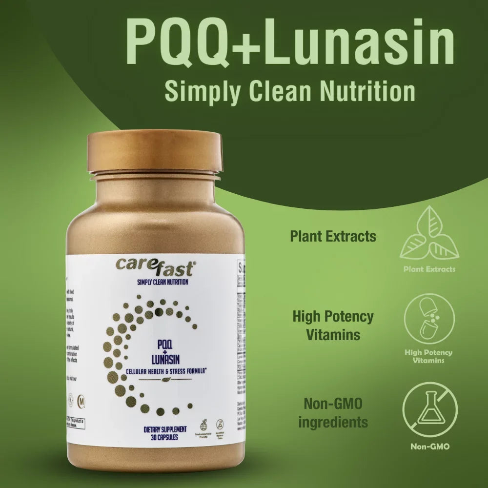Carefast PQQ Lunasin Vitality 20mg Pyroloquinoline Quinone, 10mg Bioactive LunaCell Supplement - Mitochondrial Biogenesis, Cellular Health & Stress Formula, Non-GMO - 30 Dietary Capsules