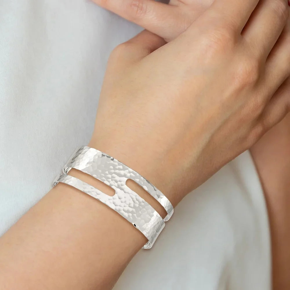 925 Sterling Silver Polished Solid Hammered Fancy Cuff Stackable Bangle Bracelet Jewelry Gifts for Women