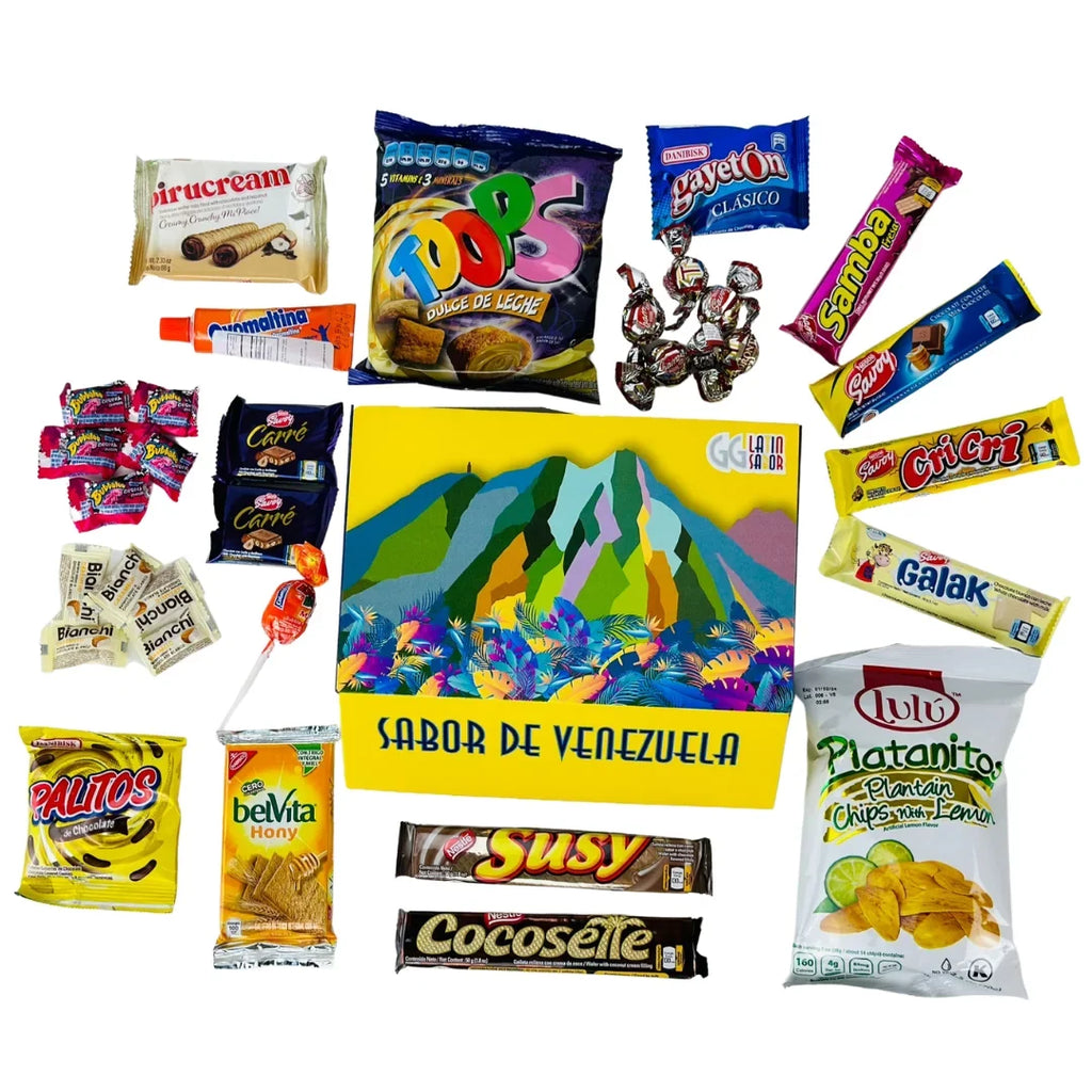 LATIN SABOR Venezuela Food Sweet Snacks Gift Crate Box Assorted Cookies, Chips & Candies Mix Variety Pack Cocosette Susy Toronto Chocolate