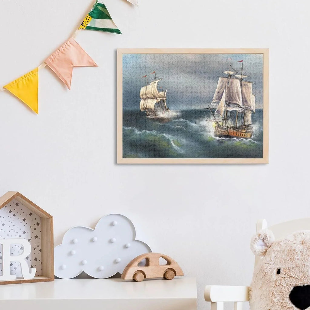 SKYSONIC Oil Paintings Sea Landscape Sailboat 500 Pcs of Irregular Puzzle in a Box, Printed with Colored Letters on Back to Reduce Difficulty, a Happy Time of Cooperation