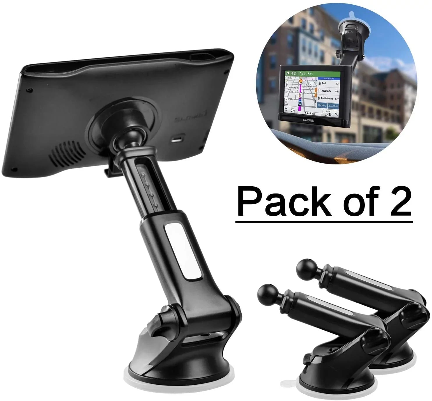 GPS Suction Cup Mount for Garmin [Quick Telescopic Extension Arm] (Set of 2), GPS Dashboard Mount Dash Windshield