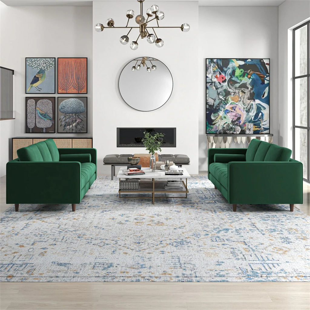 Tahir Mid-Century Pillow Back Velvet Sofa Set in Green