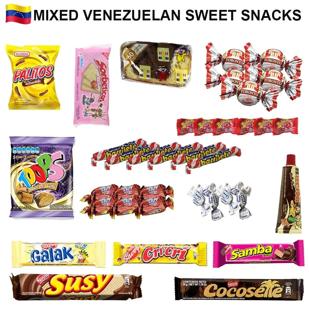 LATIN SABOR Venezuela Food Sweet Snacks Gift Crate Box Assorted Cookies, Chips & Candies Mix Variety Pack Cocosette Susy Toronto Chocolate