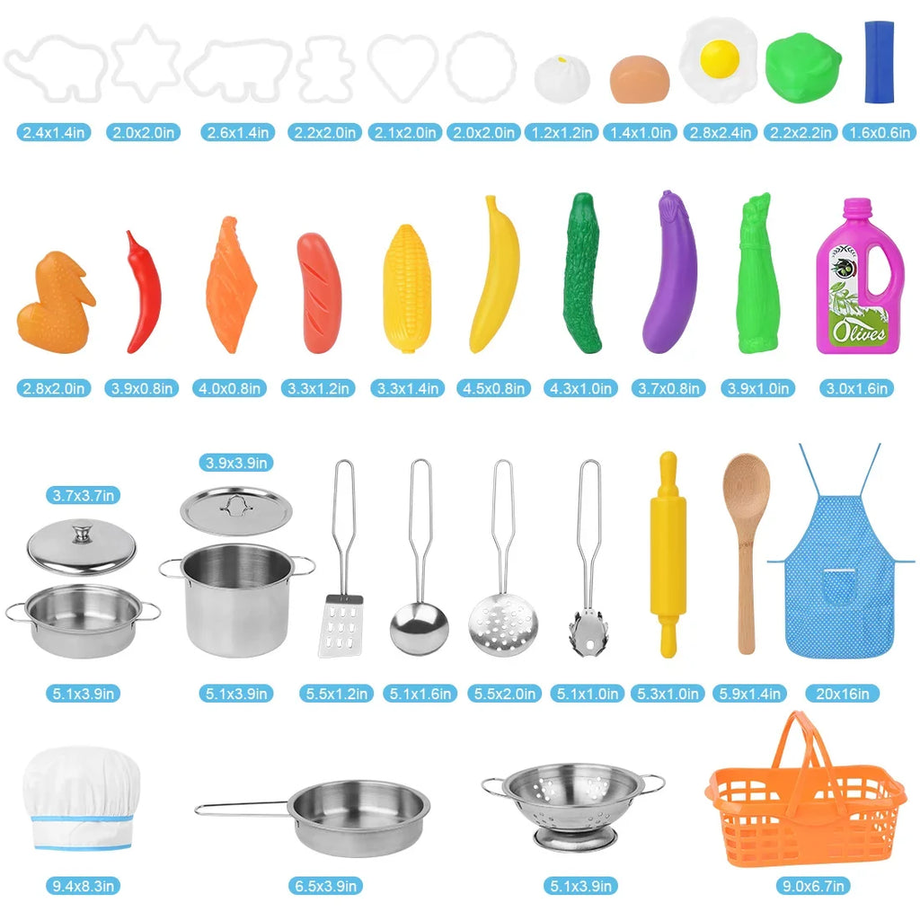 SEKKVY Kids Kitchen Pretend Play Toys, Kitchen Set with Stainless Steel Cooking Utensils Cookware Pots and Pans Set Healthy Vegetables, Knife,Apron,Little Chef Boys Girls