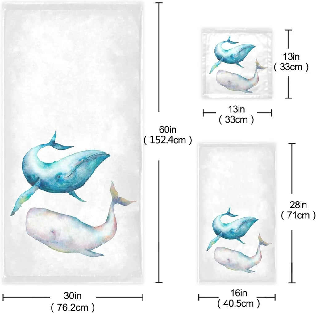 GZHJMY 3-Piece Towel Set,Watercolor Blue Humpback Whale Bath Towel Sets, 1 Bath Towel, 1 Hand Towel, 1 Washcloth, Bowhead Whale Ocean Marine Sea Life Absorbent Soft Towels Quick Drying for Bathroom