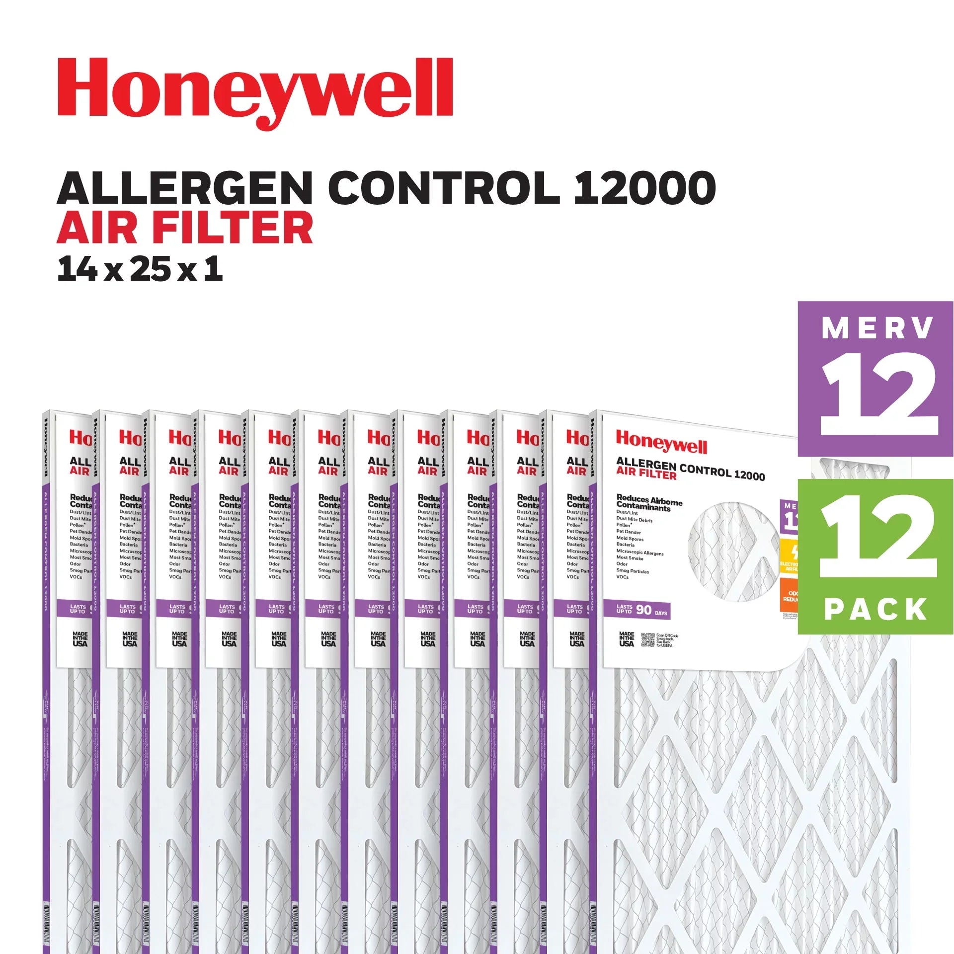 Honeywell 14x25x1 MERV 12 Pleated HVAC Furnace Air Filter- 12 Pack