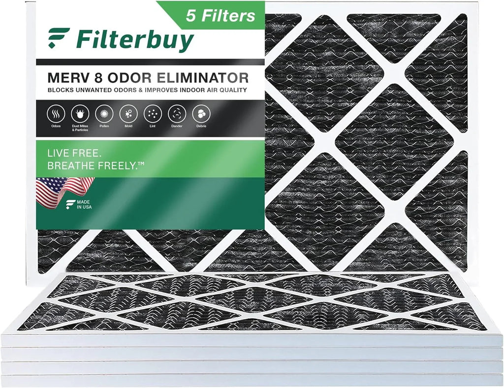 Filterbuy 10x24x1 MERV 8 Odor Eliminator Pleated HVAC AC Furnace Air Filters with Activated Carbon (5-Pack)