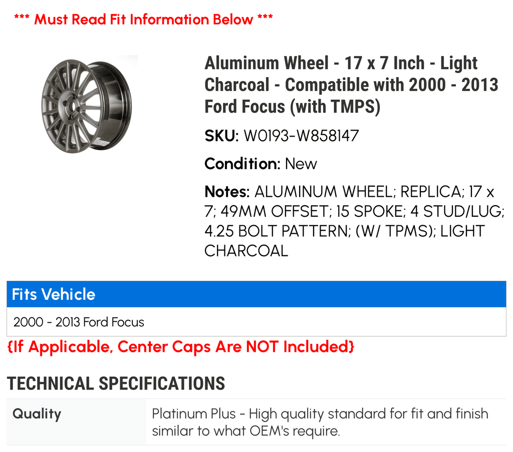 Aluminum Wheel - 17 x 7 Inch - Light Charcoal - Compatible with 2000 - 2013 Ford Focus (with TMPS) 2001 2002 2003 2004 2005 2006 2007 2008 2009 2010 2011 2012