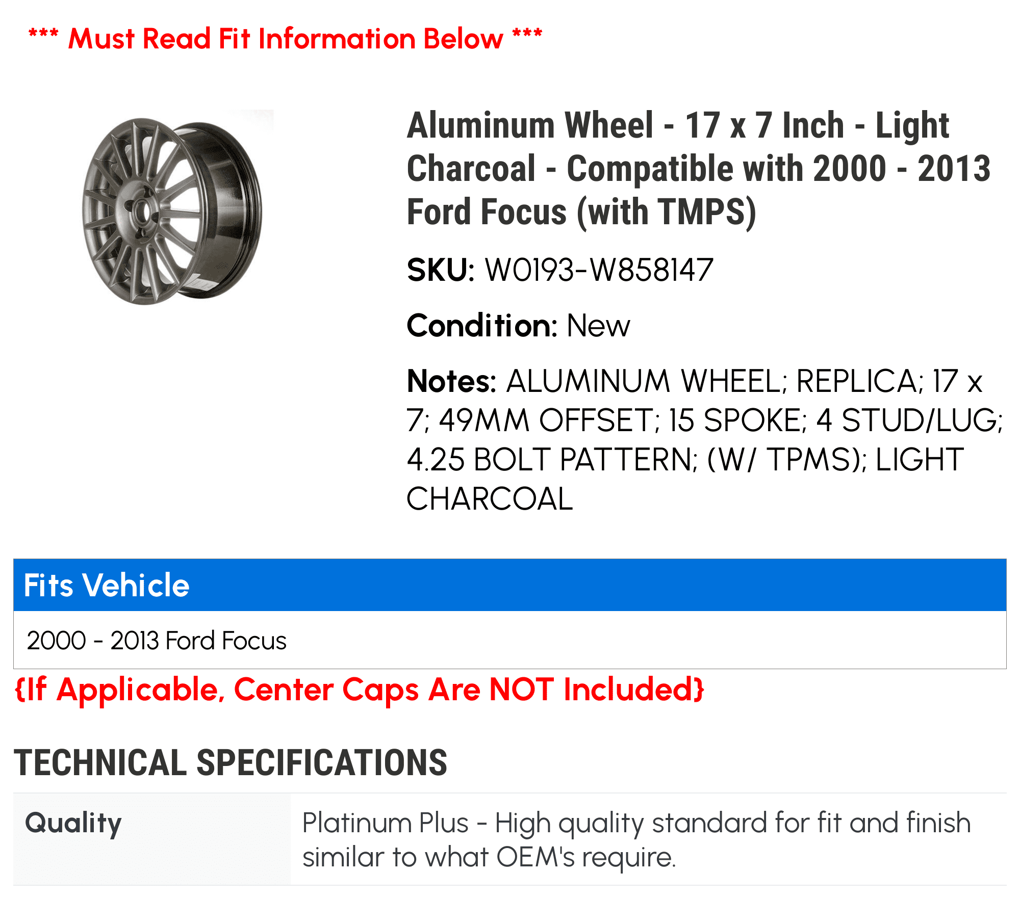 Aluminum Wheel - 17 x 7 Inch - Light Charcoal - Compatible with 2000 - 2013 Ford Focus (with TMPS) 2001 2002 2003 2004 2005 2006 2007 2008 2009 2010 2011 2012