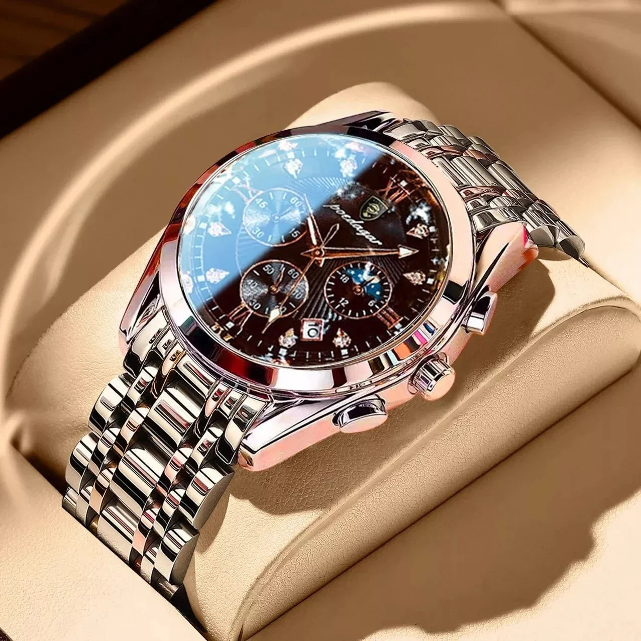 POEDAGAR Men Watch Sport Chronograph Quartz Watches Top Brand Luxury Full Steel Waterproof Luminous Date Man Fashion Wristwatch 8169 Ebony S