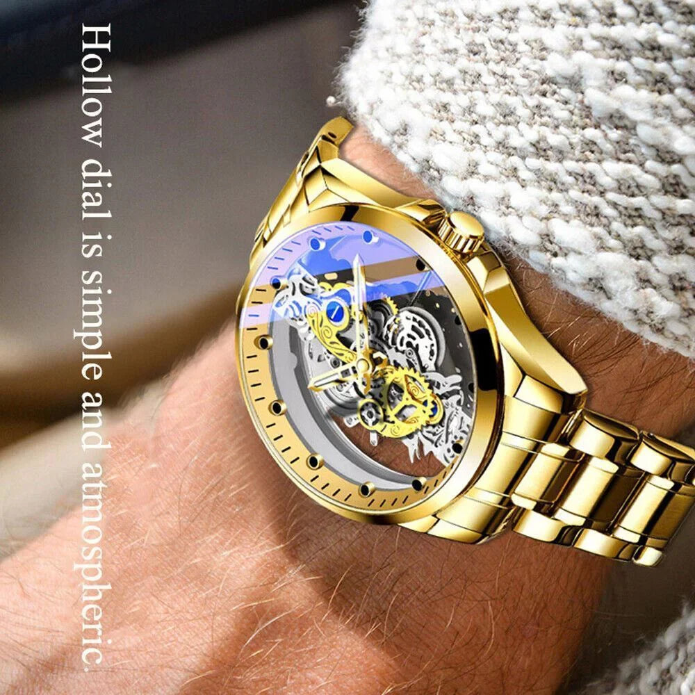 Hollow Skeleton Luxury Men's Automatic Quartz Stainless Steel Watch Business USA