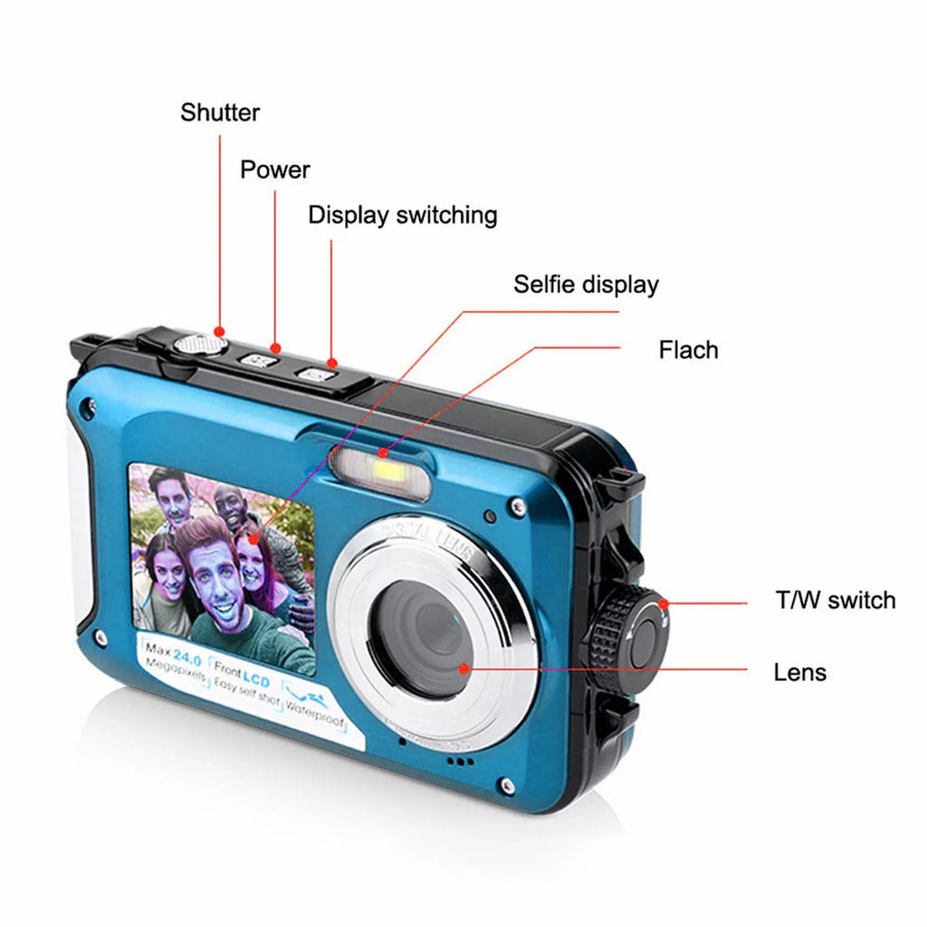 Megapixel Waterproof Dual Screen Full HD 1080P Digital Camera For Under Water Photo And Video Recording For Selfies With LED Flash Light Teen Electronics for Girls