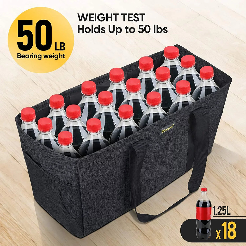 BALEINE Reusable SOFT Utility Tote with Reinforced Handles, Eco Friendly Collapsible Foldable & Washable Grocery Storage Bag, Extra Storage For Phone & Keys with Inner & Side Pockets Jet