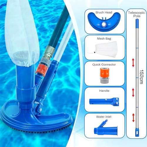 Upgraded Handheld Portable Pool Vacuum Cleaner with Pool Skimmer Net, 4 Section Poles of 60", Handheld Pool Vacuum Jet Cleaner Attaches to Garden Hose for Above Ground Pool Spa Pond Fountains
