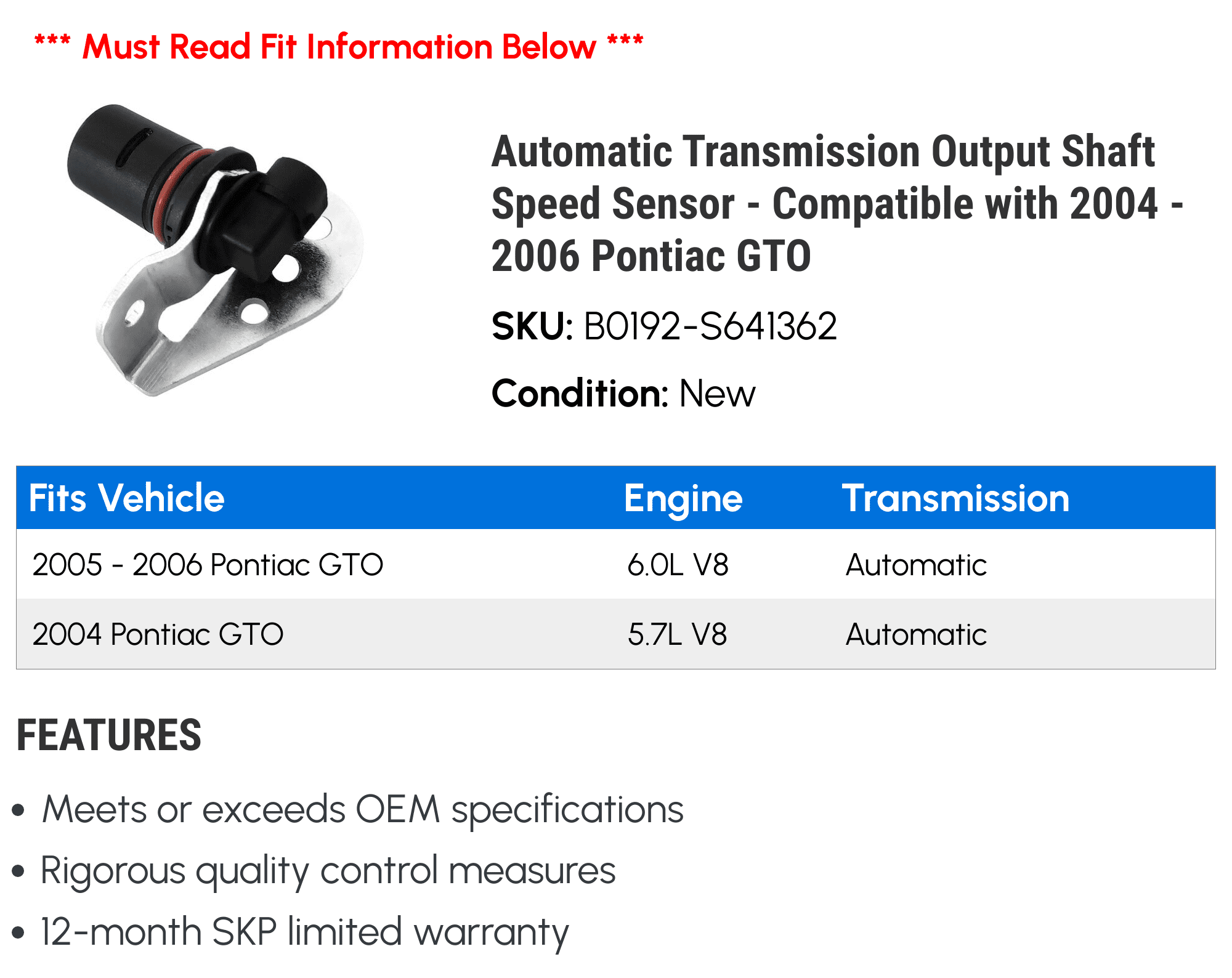 Automatic Transmission Output Shaft Speed Sensor - Compatible with 2004 - 2006 Pontiac GTO 2005