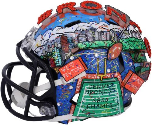 Peyton Manning Denver Broncos Autographed Mini Helmet - Hand Painted by Artist Charles Fazzino - B703374 - Fanatics Authentic Certified