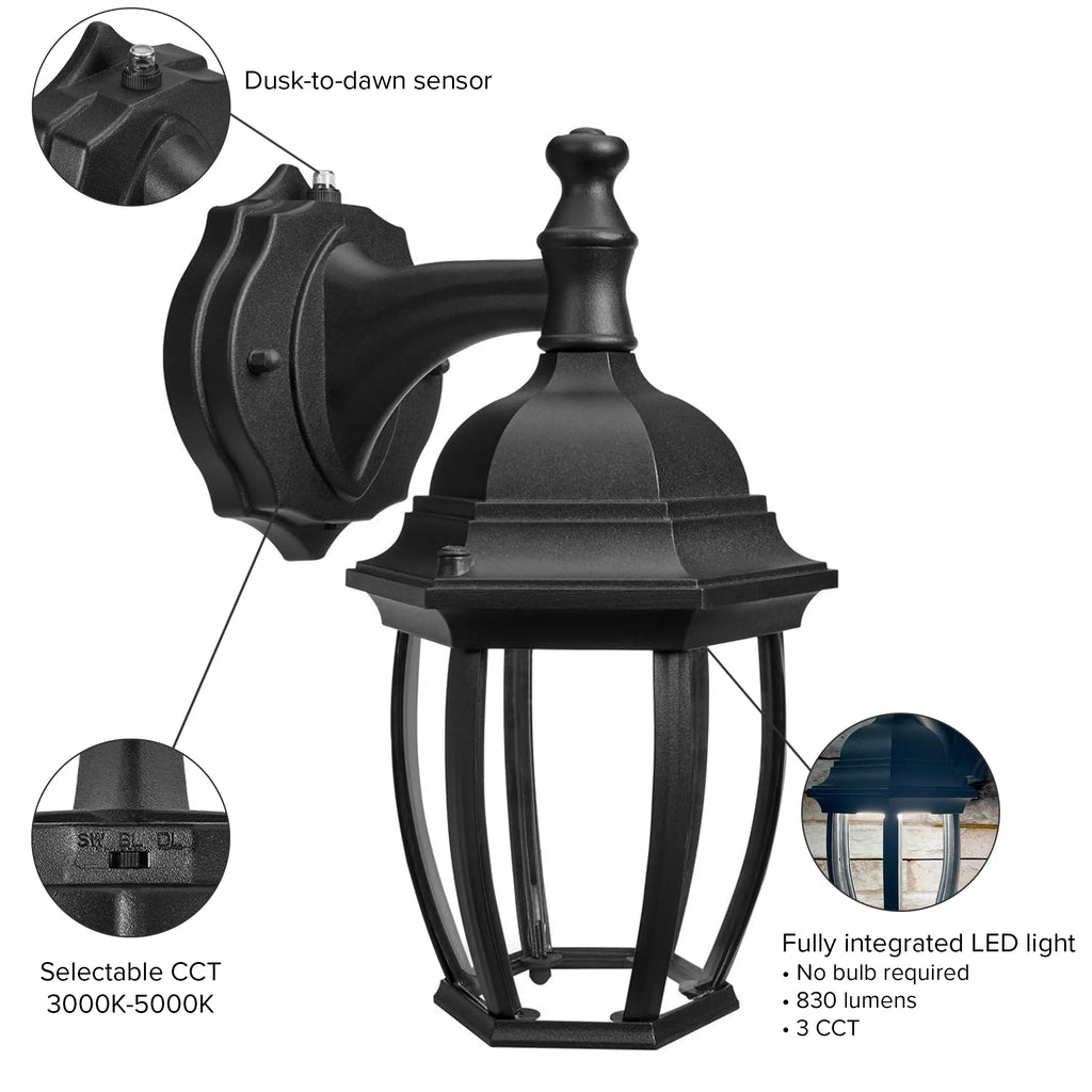Maxxima LED Outdoor Wall Light - Dark Coach Light Fixture with Clear Glass, Photocell Sensor, 830 Lumens, 3 CCT 3000K/4000K/5000K, Dusk to Dawn Lighting for Porch, Garage, and Front Door