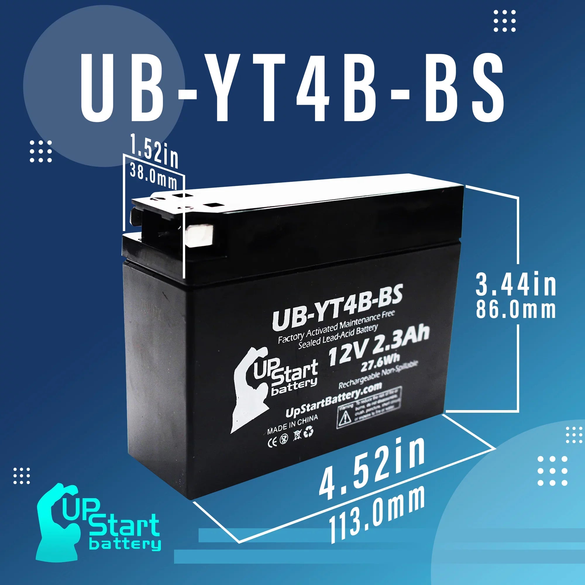 5-Pack UpStart Battery Replacement for 2001 Yamaha SR400 400CC Factory Activated, Maintenance Free, Motorcycle Battery - 12V, 2.3Ah, UB-YT4B-BS