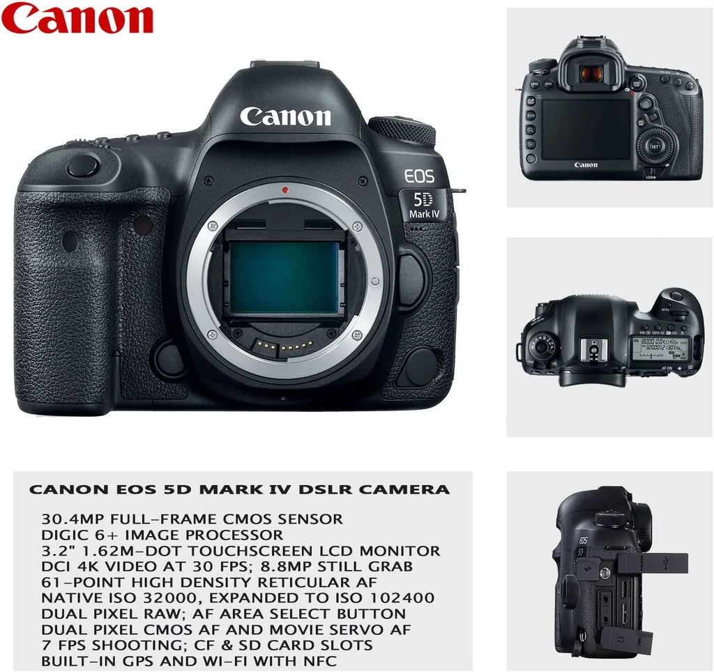 EOS 5D Mark IV DSLR Camera w/ 24-105mm USM Lens Bundle + EF 75-300mm III Lens, 50mm f/1.8, 500mm Lens & 650-1300mm Lens + Backpack + 128GB Memory + Monopod + Professional Bundle