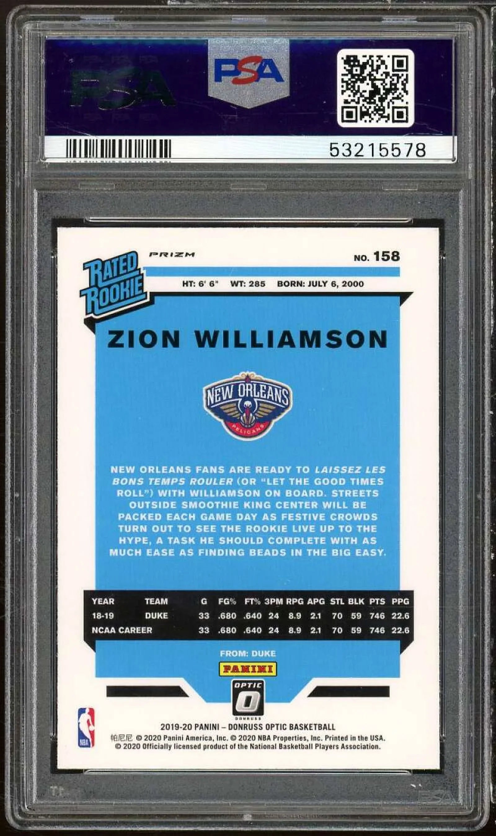 Zion Williamson Rookie Card 2019-20 Panini Donruss Optic Purple Shock #158 PSA 9