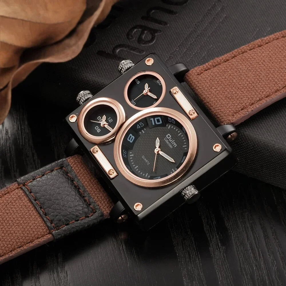 Brand New Style Men's Watches Luxury Unique Designer Watches Men Fashion Square Big Face 3 Time Zone Casual Quartz Watch Blue