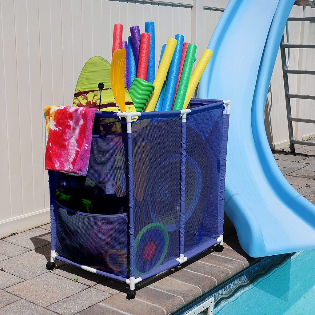 Essentially Yours Pool Floats, Balls, Toys and Equipment Rolling Mesh Organizer Storage Bin, Large, (35" W x 25.4" L x 37.5" H), Blue / White Style 455102