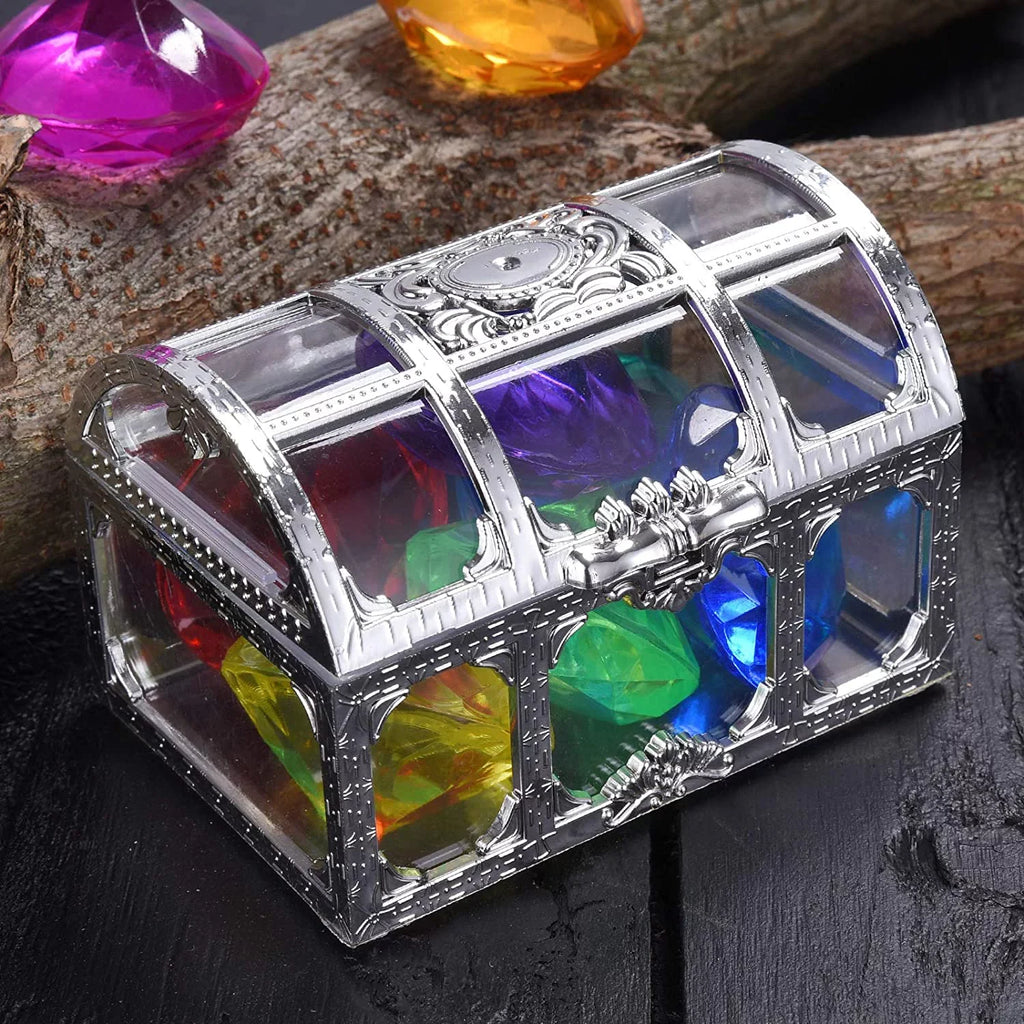 Diving Gem Pool Toy 6 Big Colorful Diamonds Set with Treasure Pirate Box Summer Swimming Gem Diving Toys Set Dive Throw Toy Set Underwater Swimming Toy for Pool Use Treasures Gift Sets (silver white)