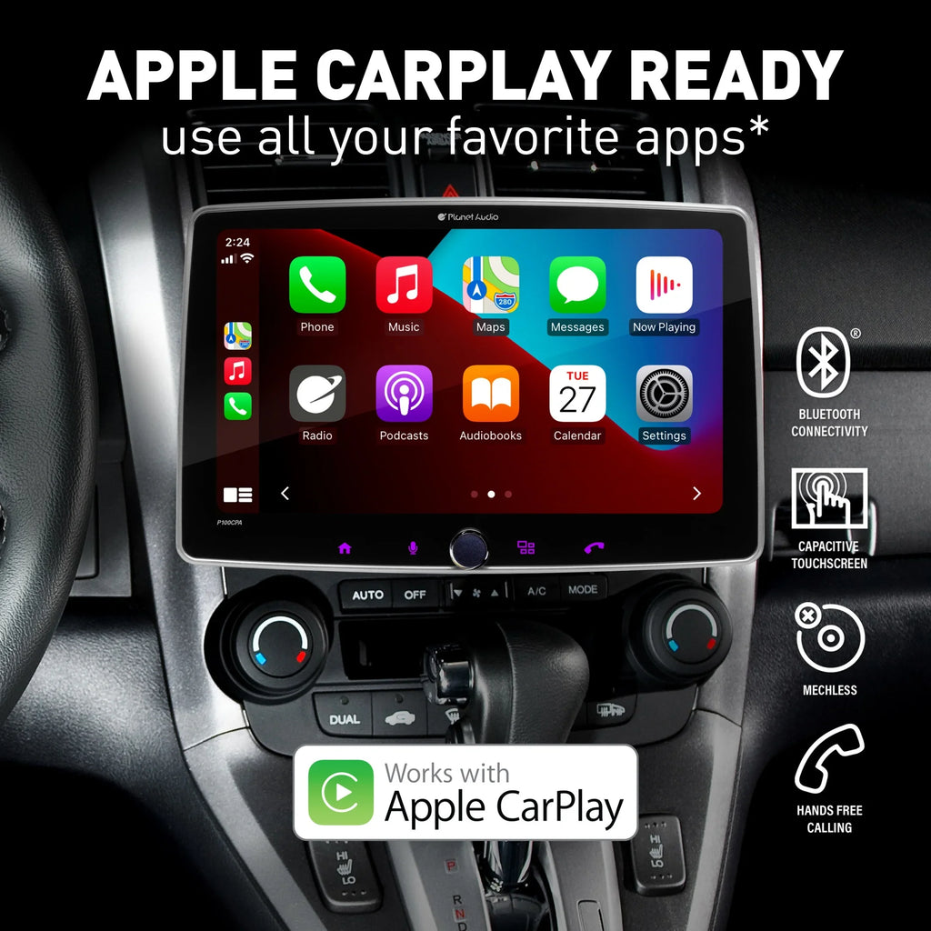 Planet Audio P100CPAC Car Stereo - CarPlay, Android Auto, Single Din, 10.1 Inch Touchscreen, Bluetooth, No CD DVD Player, AM/FM Radio Receiver, Backup Camera