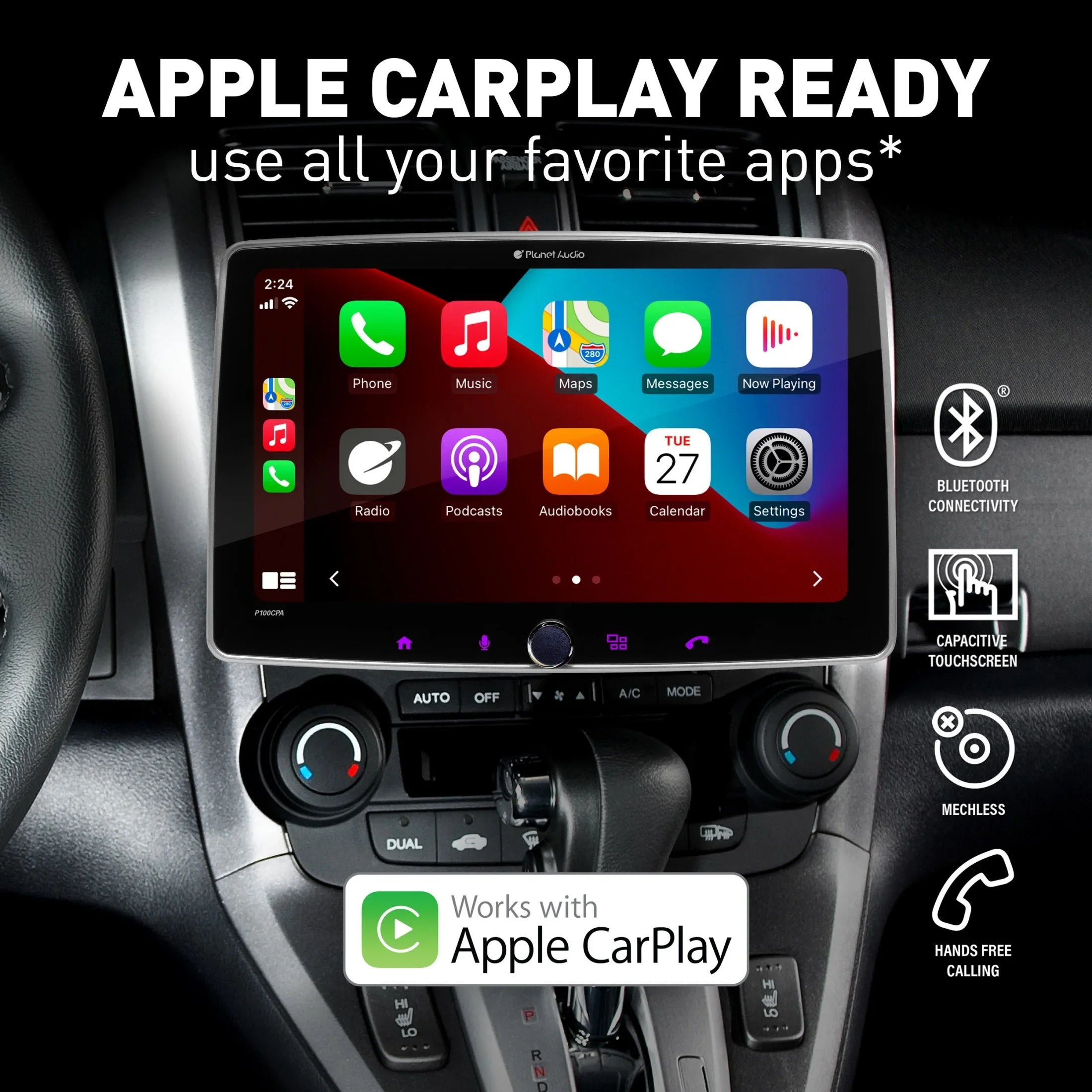 Planet Audio P100CPAC Car Stereo - CarPlay, Android Auto, Single Din, 10.1 Inch Touchscreen, Bluetooth, No CD DVD Player, AM/FM Radio Receiver, Backup Camera