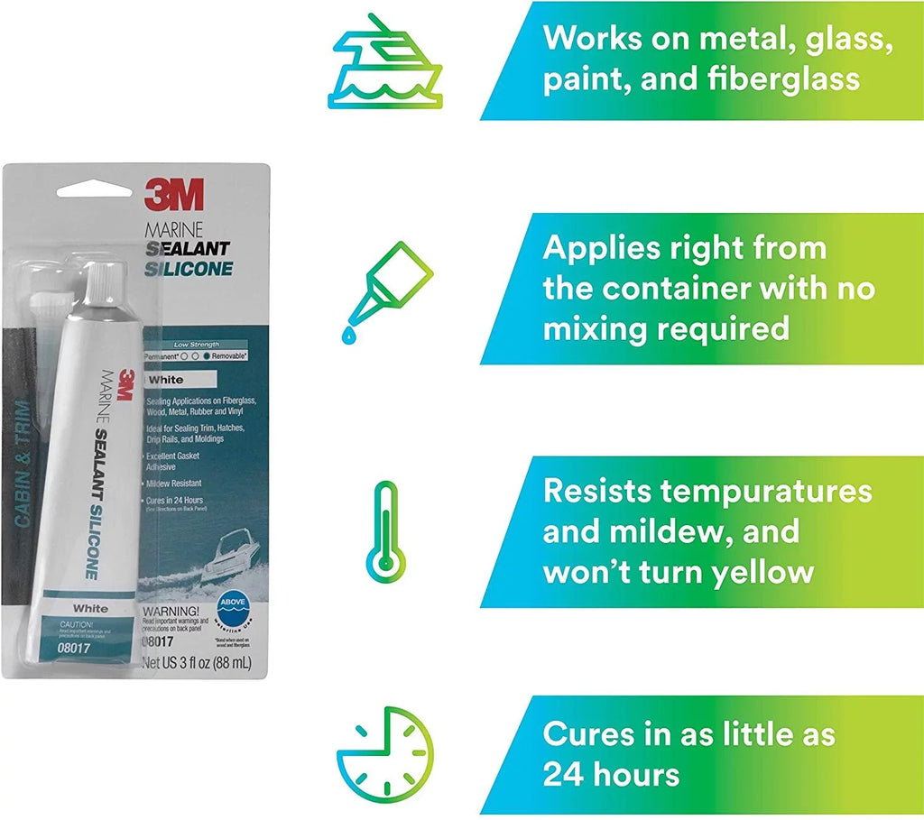 3M Marine Grade Silicone Sealant 08017 For Boats and RVs - White 3 Ounces