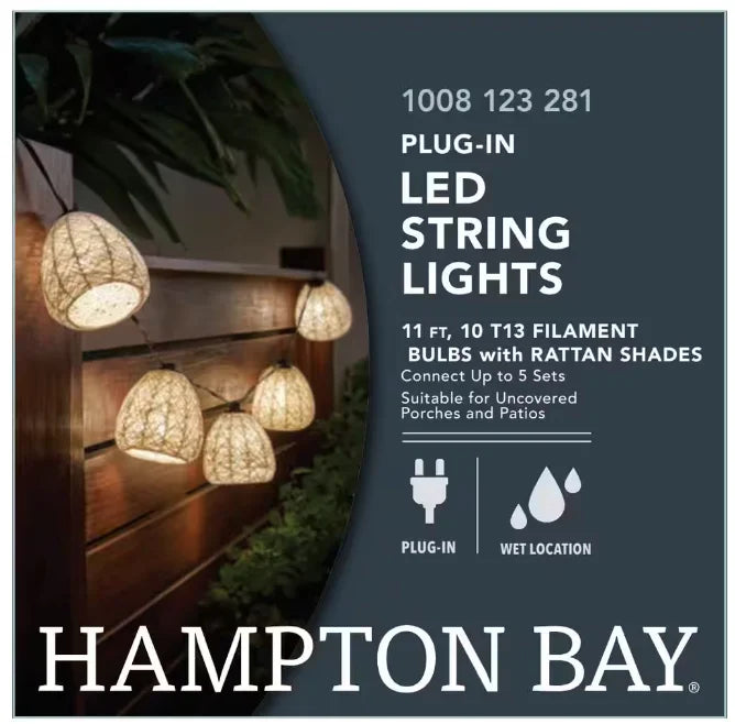 Hampton Bay Outdoor/Indoor 11 ft. Plug-In Mini Bulb LED Natural Fiber String Light (10-Heads)