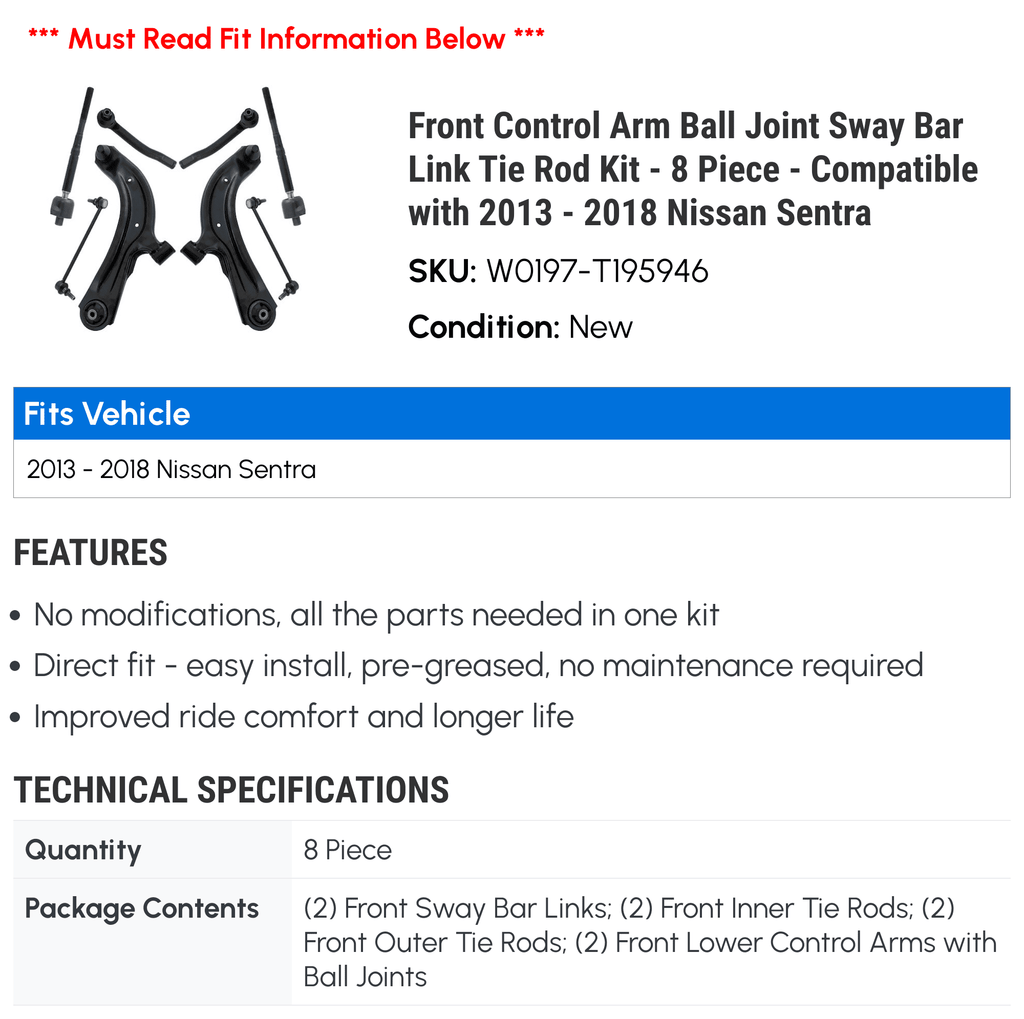 Front Control Arm Ball Joint Sway Bar Link Tie Rod Kit - 8 Piece - Compatible with 2013 - 2018 Nissan Sentra 2014 2015 2016 2017