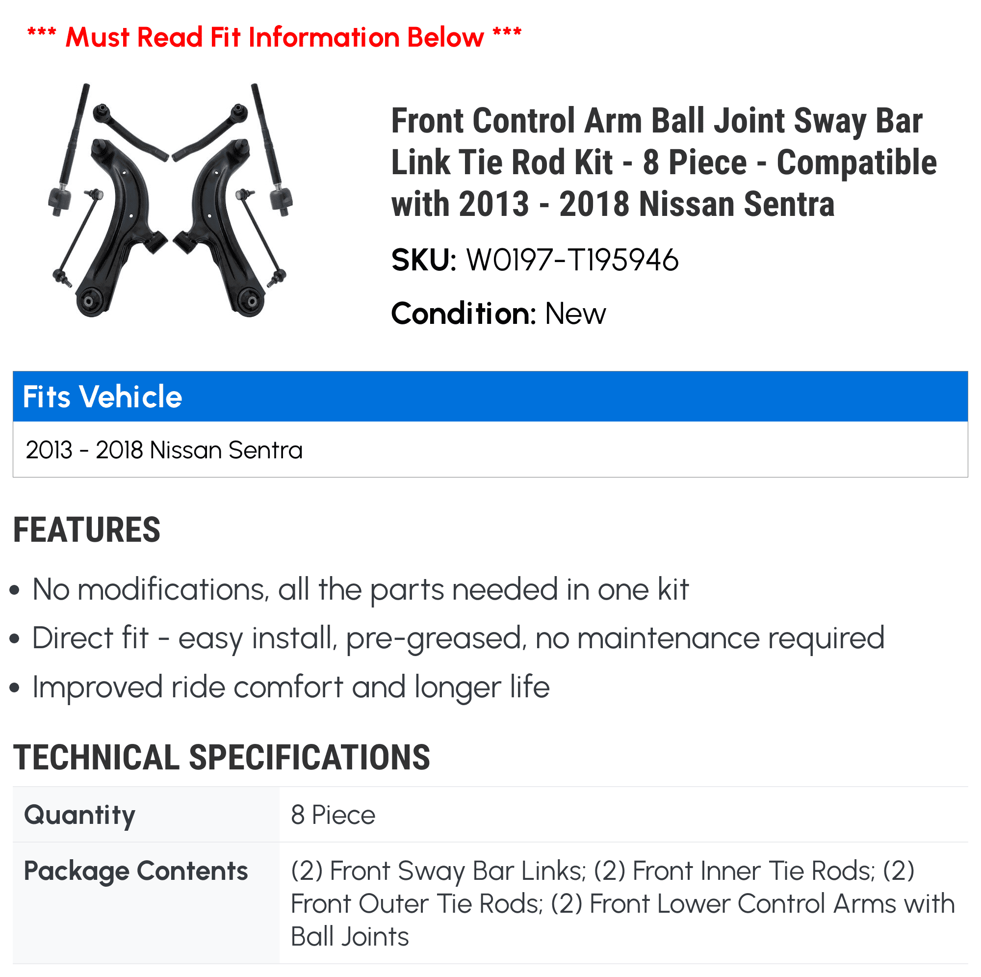 Front Control Arm Ball Joint Sway Bar Link Tie Rod Kit - 8 Piece - Compatible with 2013 - 2018 Nissan Sentra 2014 2015 2016 2017