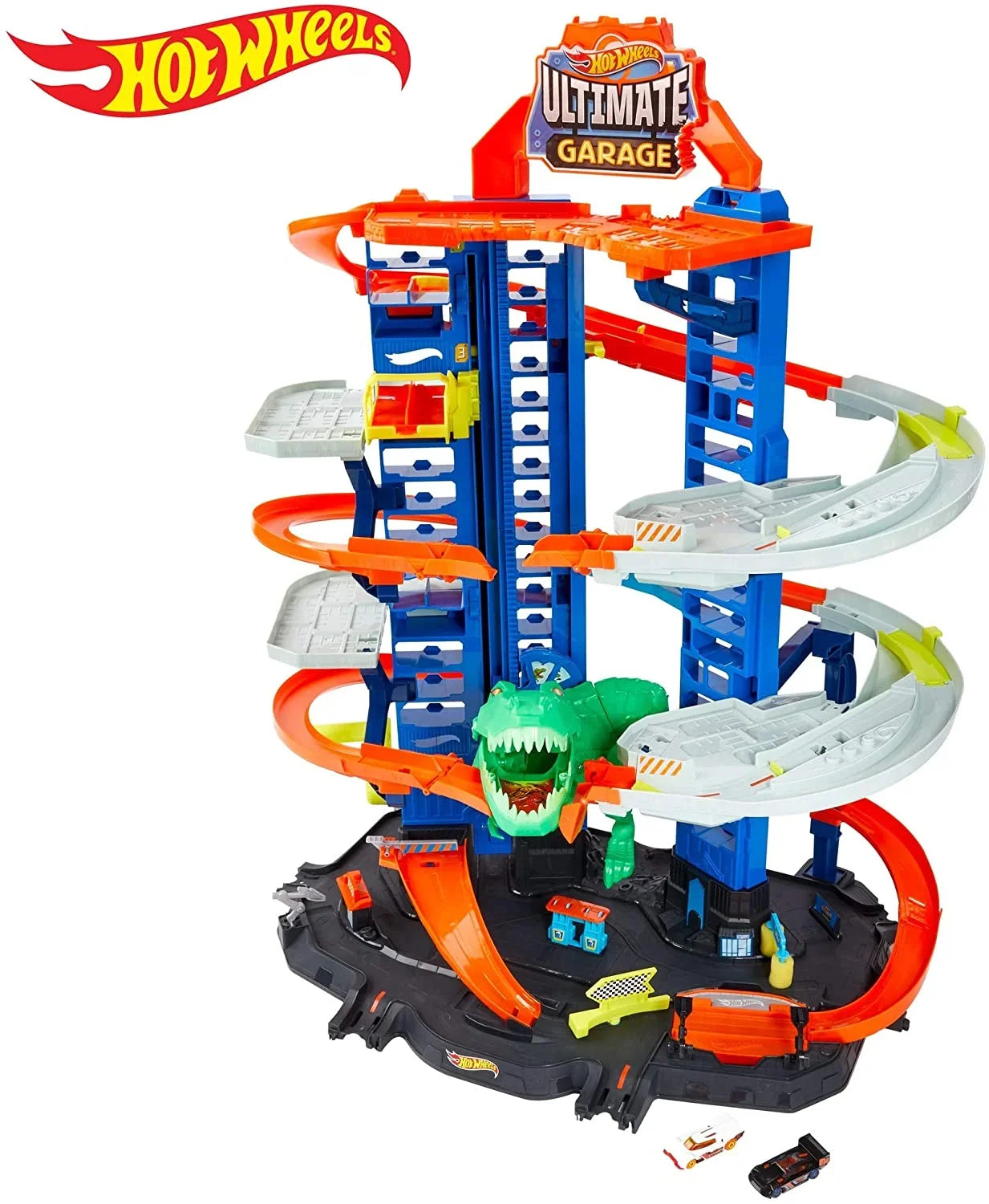 Hot Wheels City Ultimate Garage Track Set with 2 Toy Cars, Garage Playset Features Multi-Level Racetrack, Moving T-Rex Dino & Storage for 100+ 1:64 Scale Vehicles, Toy Gift for Kids 3 Years & Older
