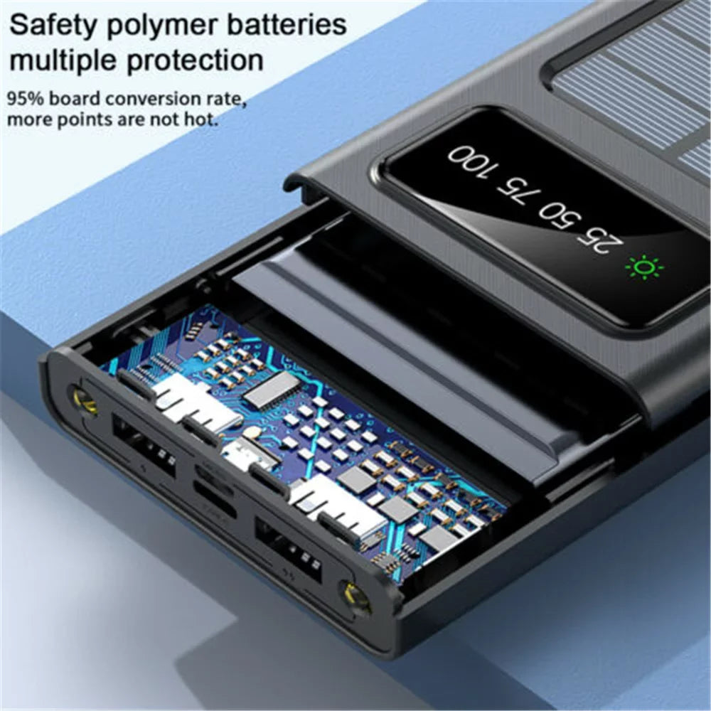 Solar-Charger-Power-Bank - Portable Charger,20000mAh 4 Qi Charger Solar Panel Built-in 3 Kinds Output Cable and Dual LED Flashlights