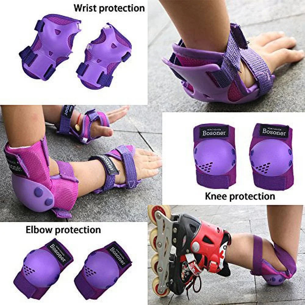 BOSONER Kids/Youth Knee Pads Elbow Pads Wrist Guards Set for Years, Child Protective Gear Set for Roller Skates, Cycling, BMX Bike, Skateboard, Inline Skating, Scooter Riding Sports Small (3-7 years) Purple