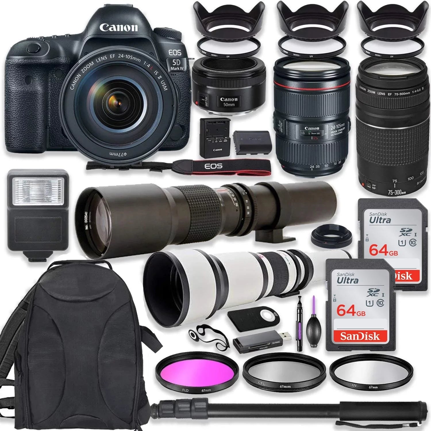 EOS 5D Mark IV DSLR Camera w/ 24-105mm USM Lens Bundle + EF 75-300mm III Lens, 50mm f/1.8, 500mm Lens & 650-1300mm Lens + Backpack + 128GB Memory + Monopod + Professional Bundle
