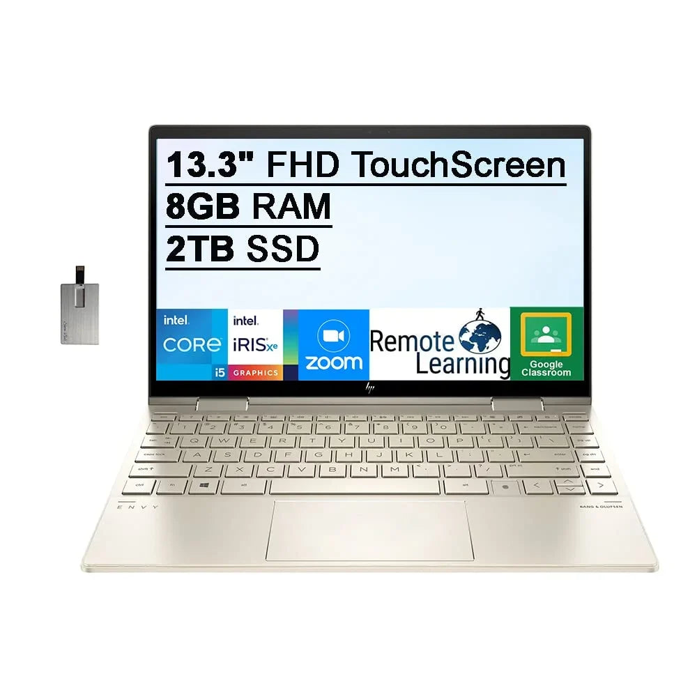 2021 Envy X360 2-in-1 13.3" FHD Touchscreen Laptop, Core i5-1135G7 (Beats i7-1065g7), 8GB RAM, 2TB PCIe SSD, Backlit Keyboard, Iris Xe Graphics, Webcam, Windows 11, Gold, 32GB USB Card