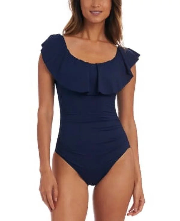La Blanca INDIGO Island Goddess Off-the-Shoulder Ruffled One-Piece Swimsuit, US 8