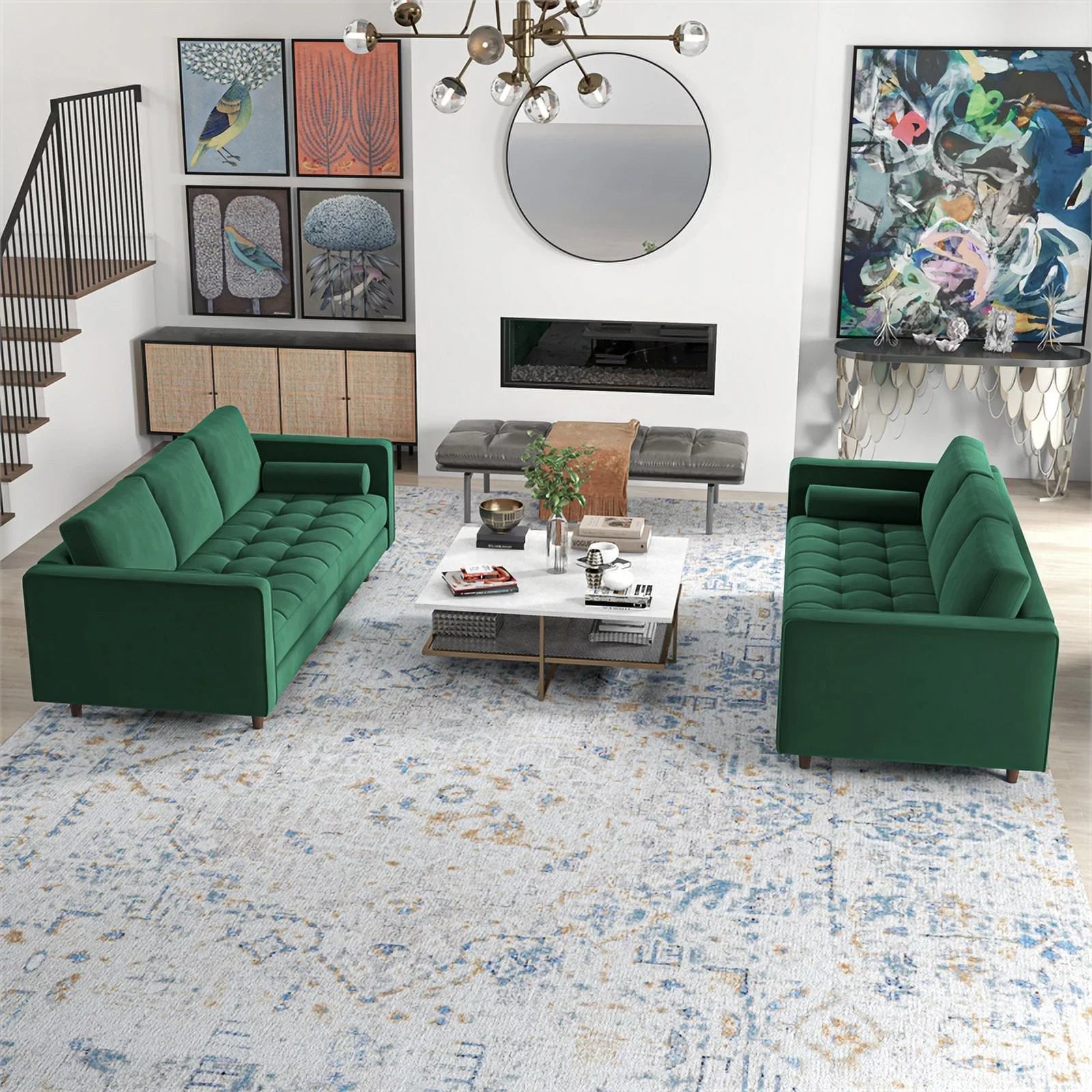 Tahir Mid-Century Pillow Back Velvet Sofa Set in Green